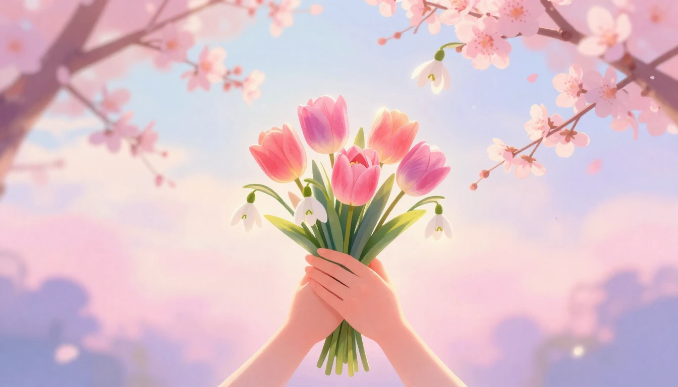 A warm and tender illustration depicting a gentle spring sce...