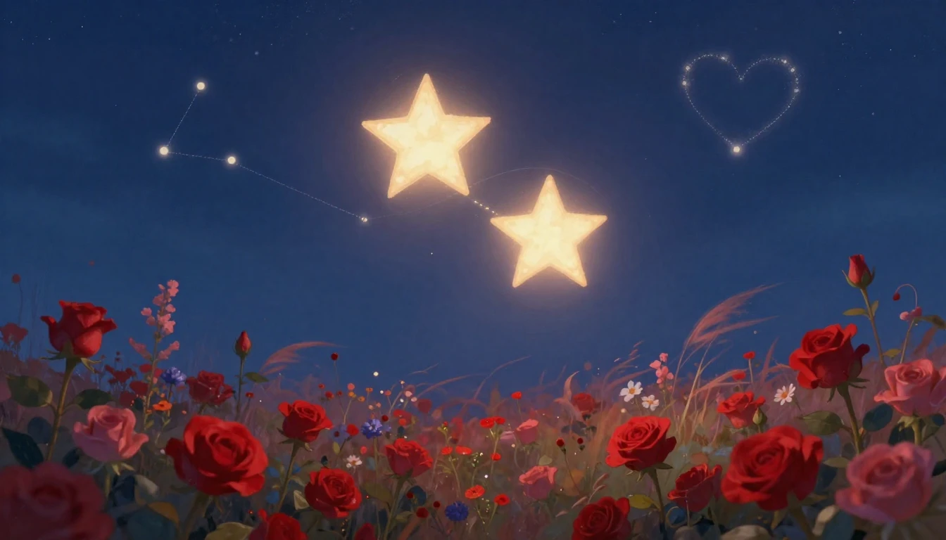 A soft and romantic scene depicting two glowing stars intert...