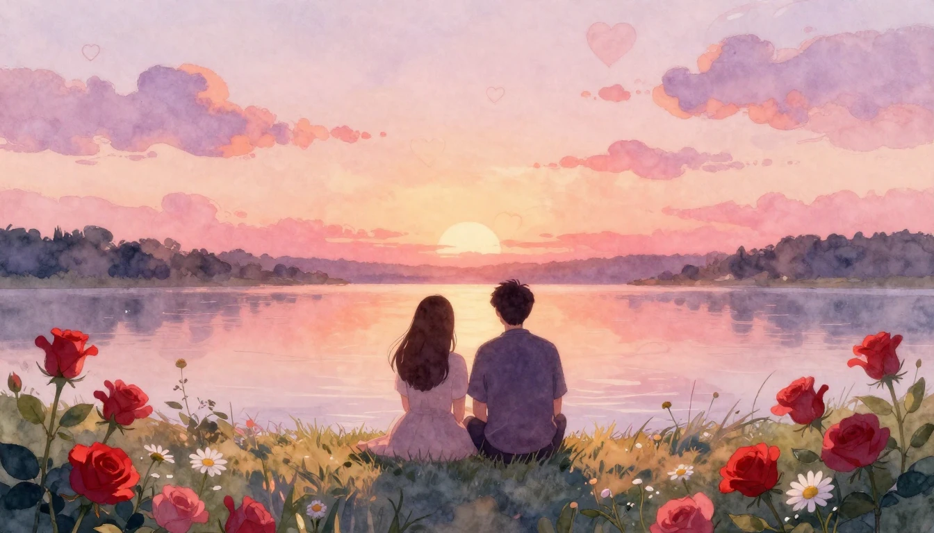 A soft and dreamy watercolor painting depicting two silhouet...