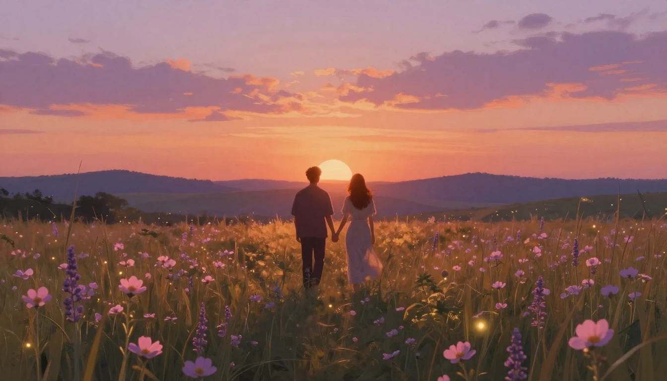 A breathtaking sunset over a peaceful meadow filled with blo...