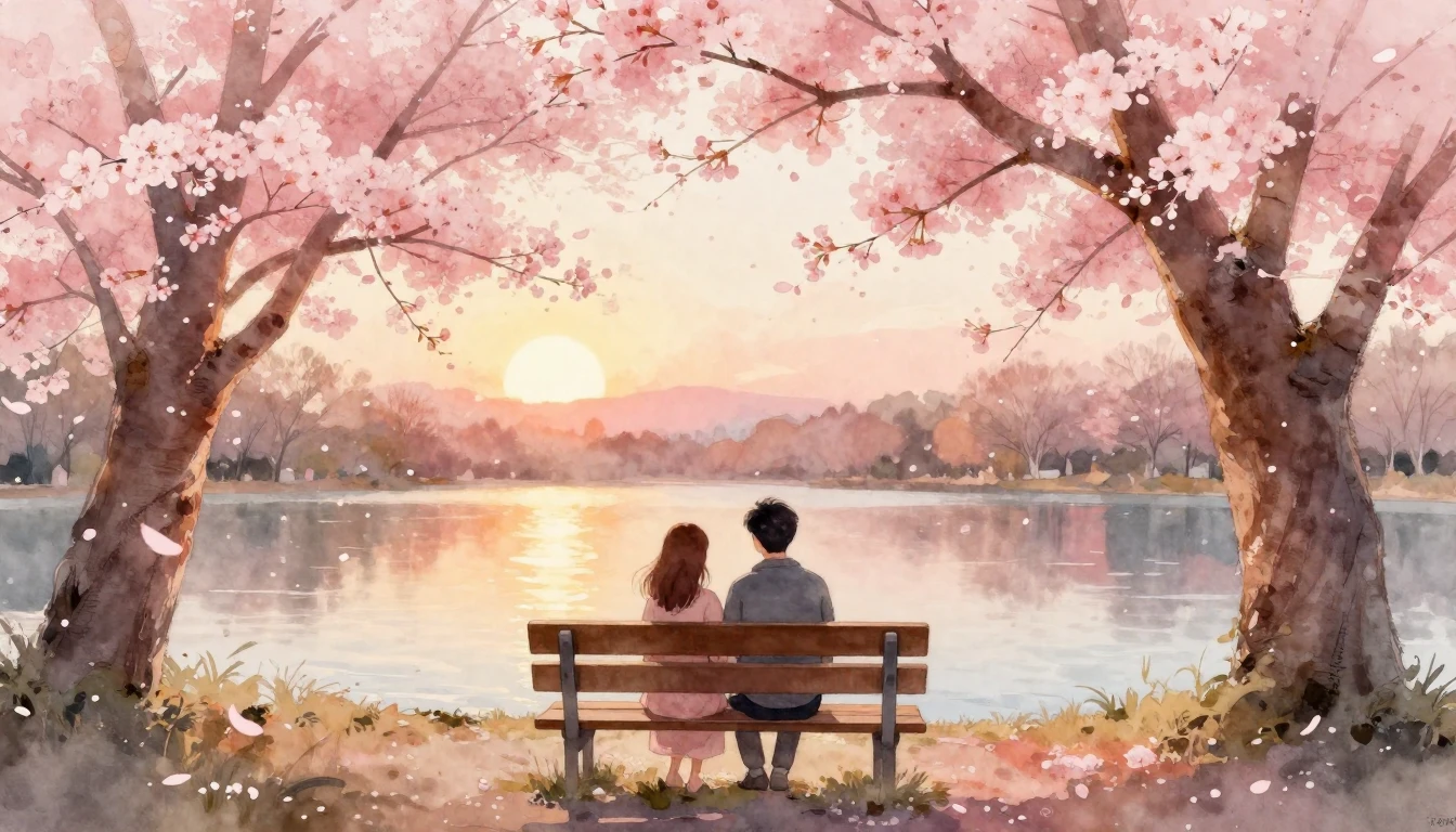 A soft and romantic watercolor painting of two people sittin...