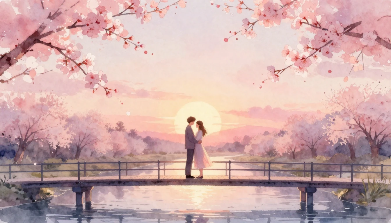 A romantic watercolor painting depicting a couple standing o...