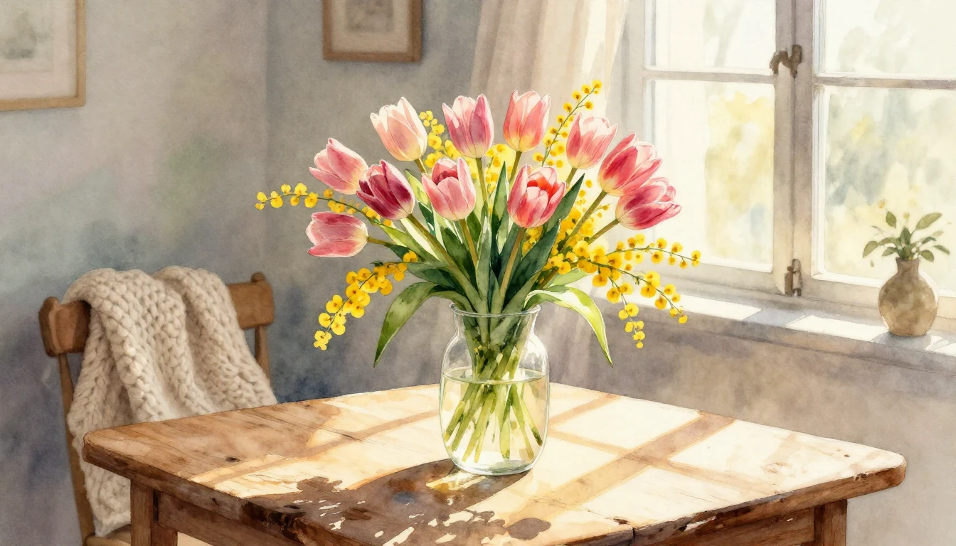 A delicate and warm watercolor painting depicting a vibrant ...