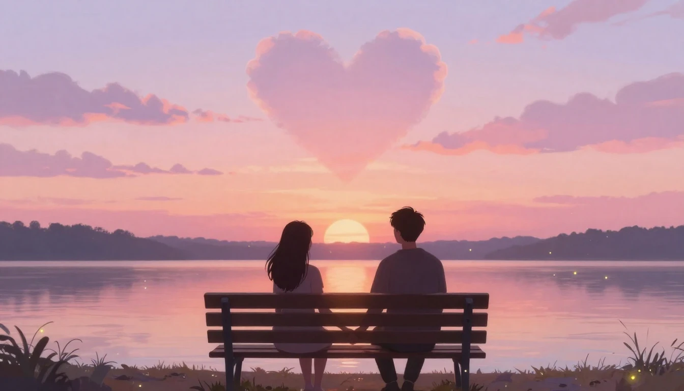 A romantic and dreamy illustration featuring two silhouettes...