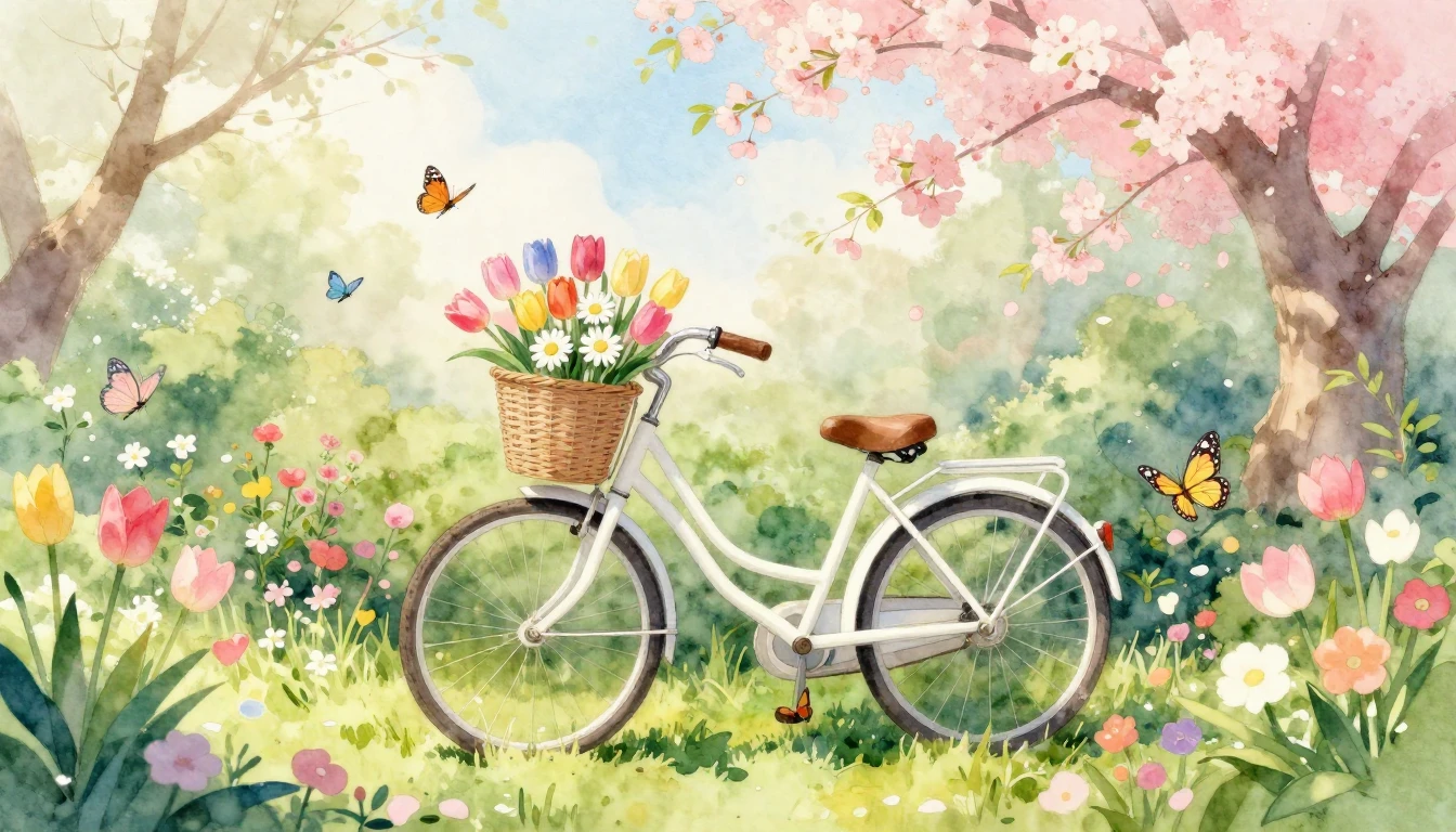 A beautiful, soft watercolor painting depicting a lush sprin...