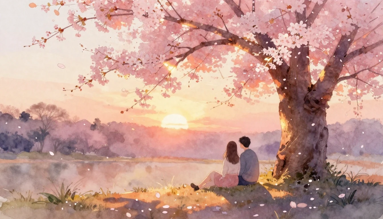 A soft, romantic watercolor painting of a couple sitting tog...