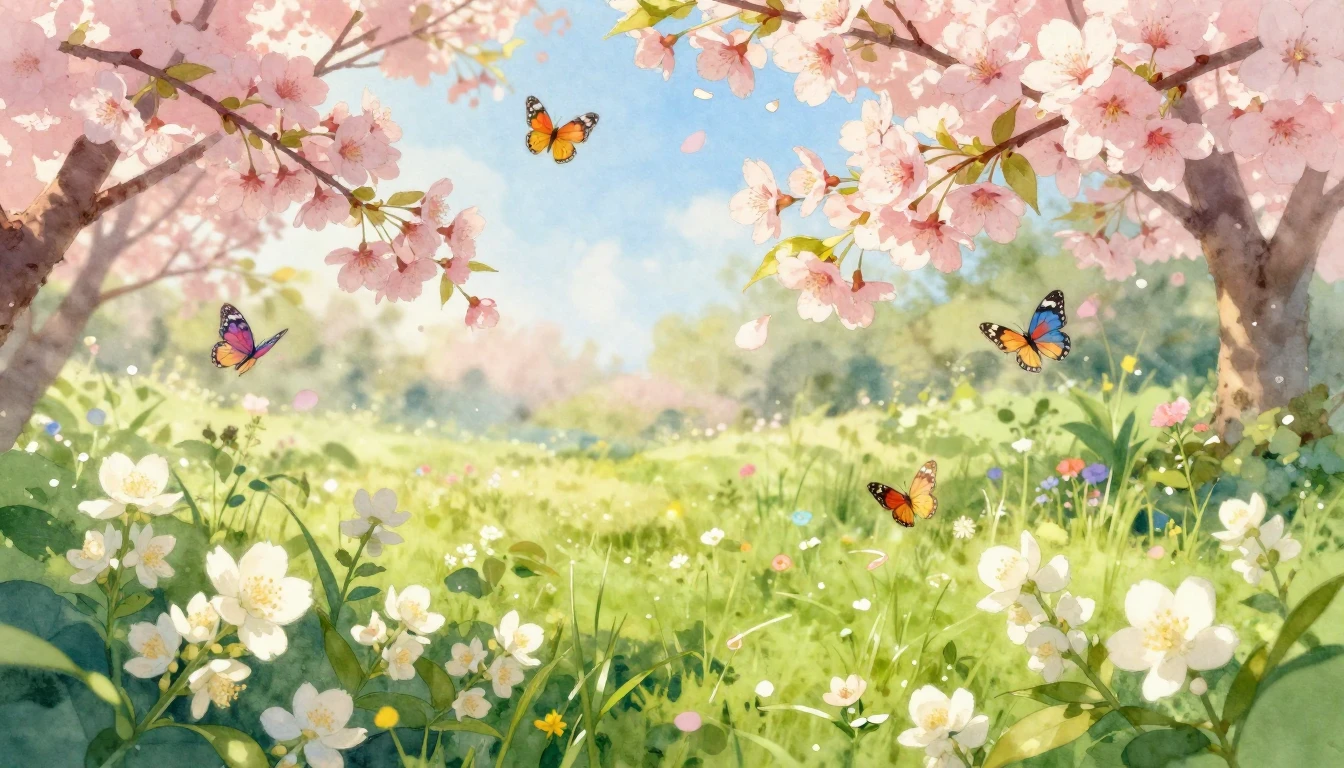 A beautiful, soft watercolor painting depicting a vibrant sp...