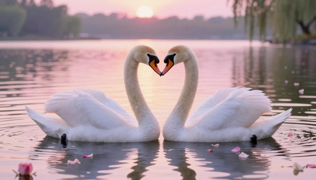 A romantic and dreamy composition featuring two graceful whi...