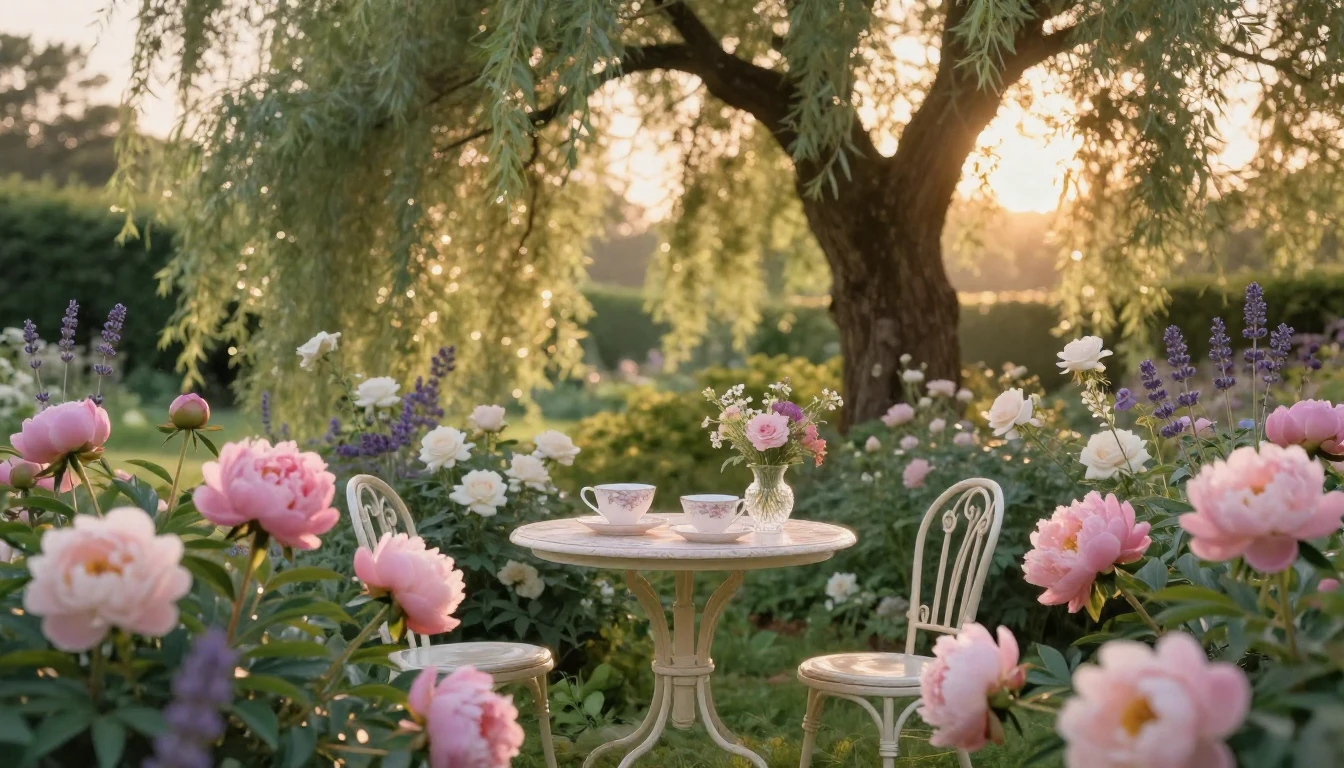 A serene and lush garden at golden hour, filled with bloomin...