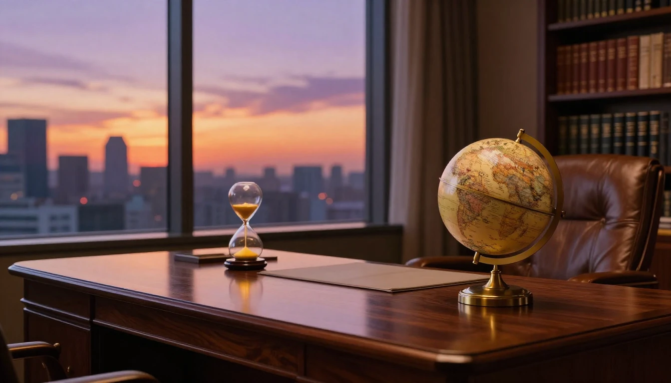A sophisticated and warm office study with a large mahogany ...