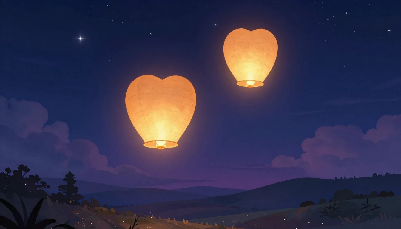 A warm and romantic illustration depicting two glowing paper...