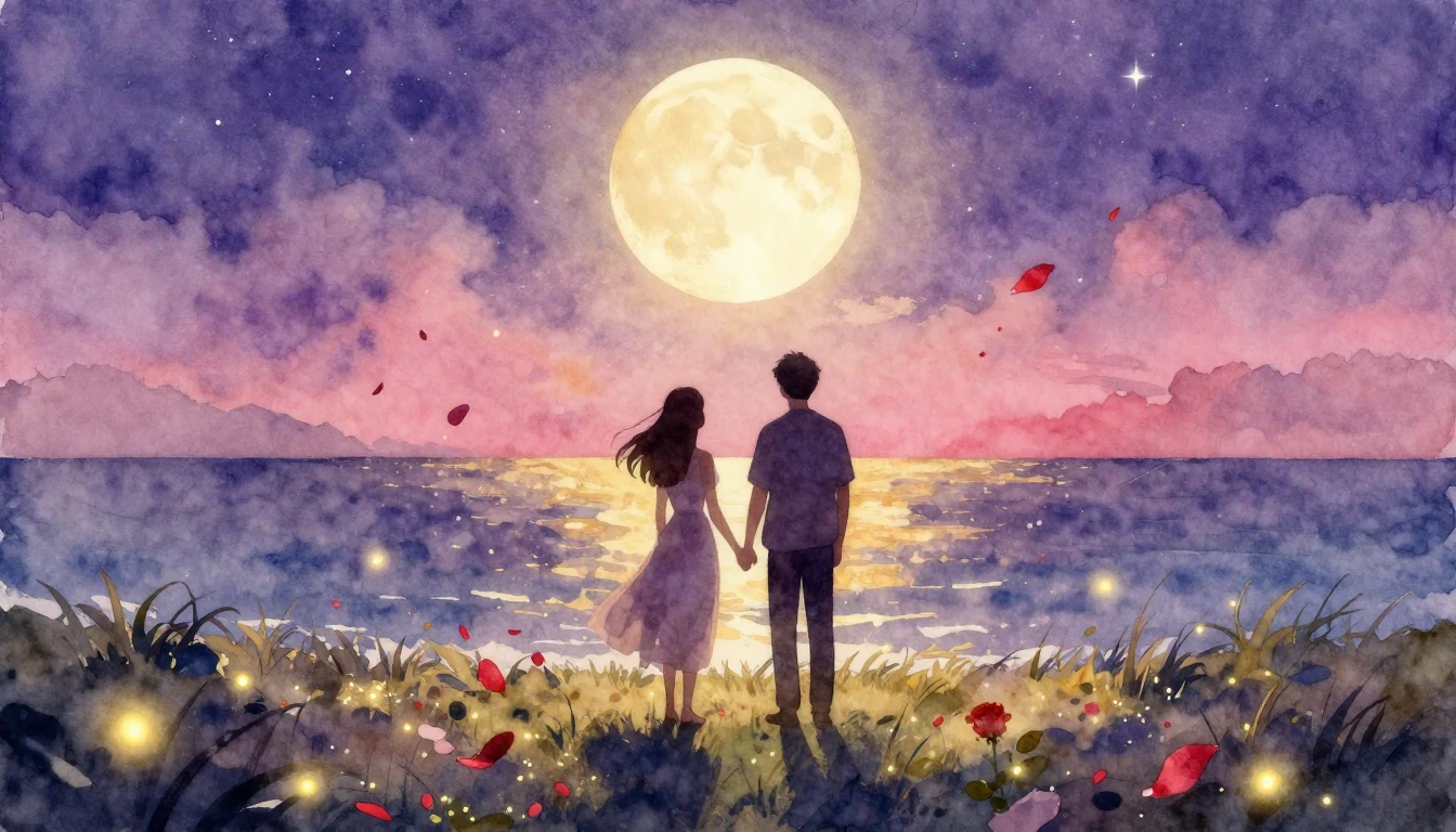 A romantic and dreamy watercolor painting featuring two silh...