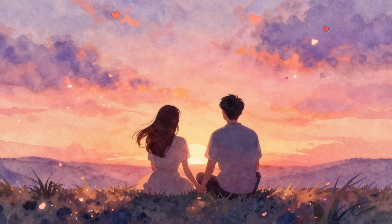 A soft and romantic watercolor painting depicting a couple s...