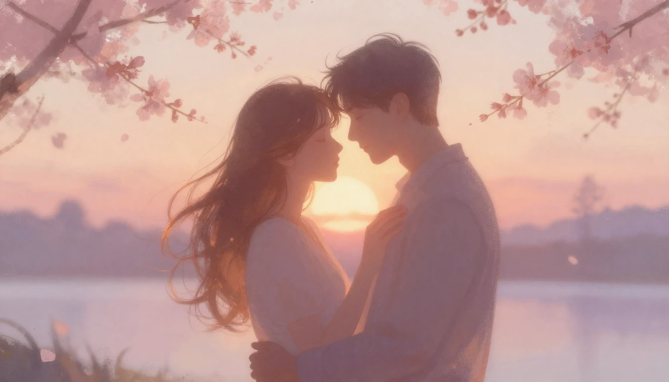 A romantic and tender scene of two silhouettes embracing gen...