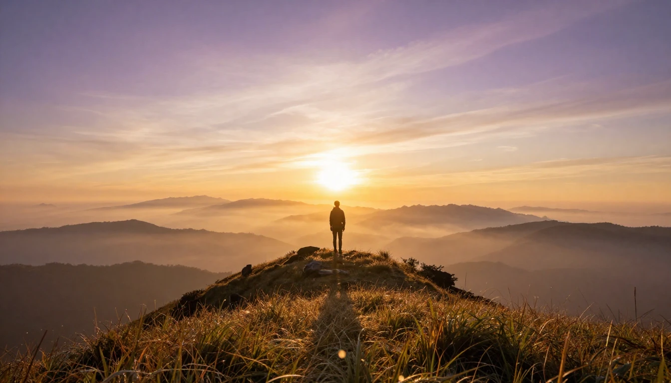 A breathtaking cinematic landscape featuring a lone traveler...