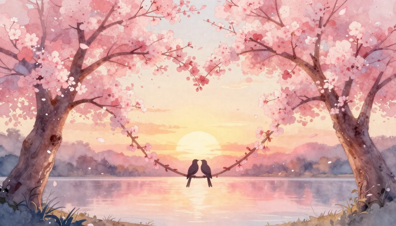 A soft and dreamy watercolor painting depicting two intertwi...