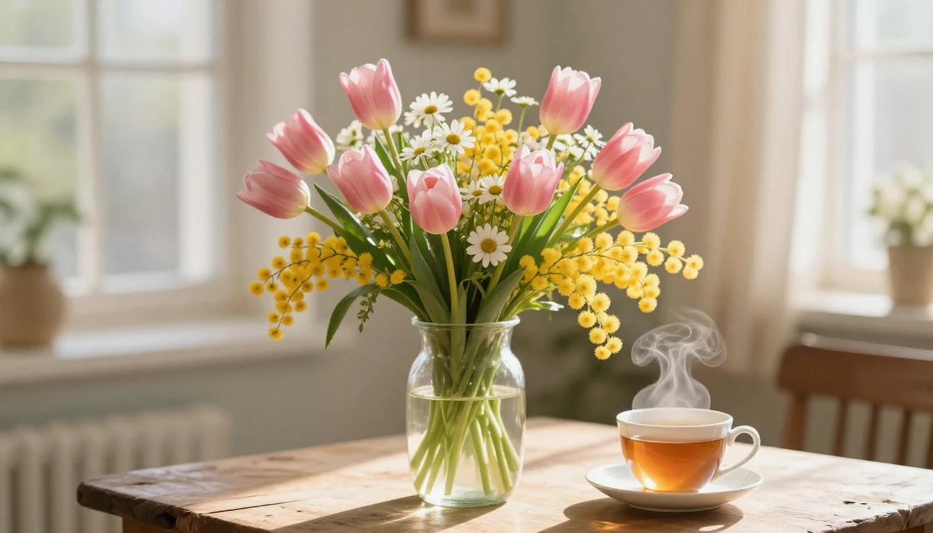 A beautiful and delicate bouquet of spring flowers including...