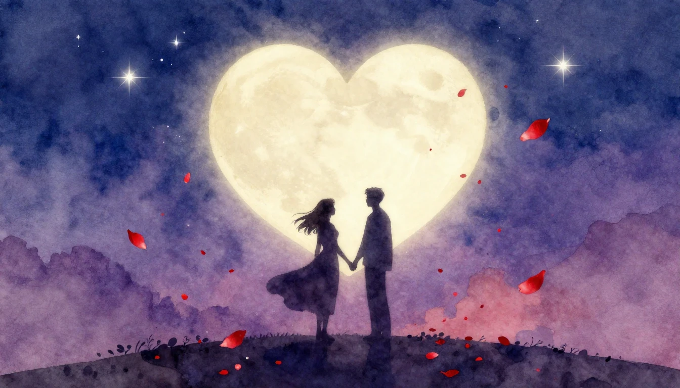 A romantic watercolor painting depicting two silhouettes of ...