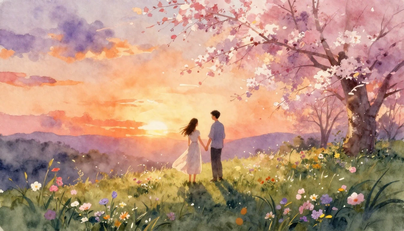 A romantic and ethereal watercolor painting depicting a coup...