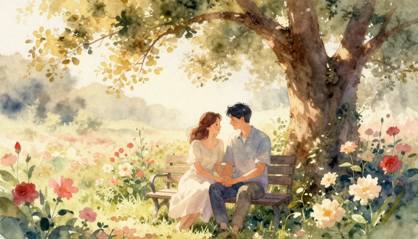 A dreamy and romantic watercolor painting depicting a couple...