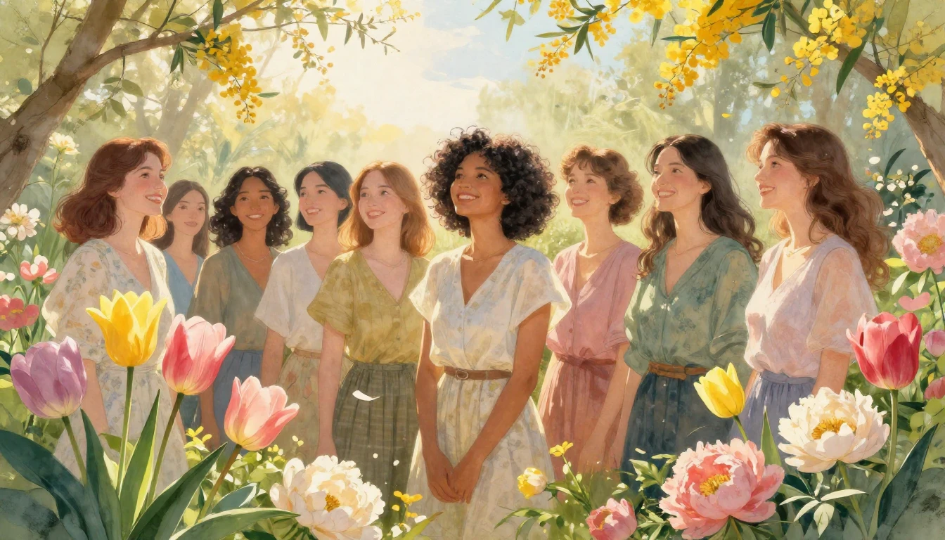 A vibrant and uplifting scene celebrating womanhood. A diver...