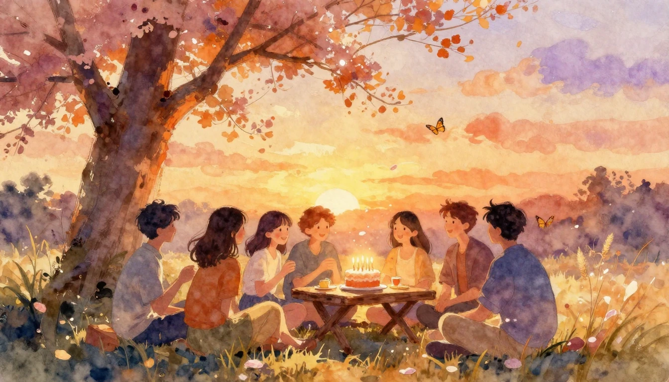 A vibrant and warm watercolor painting depicting a group of ...