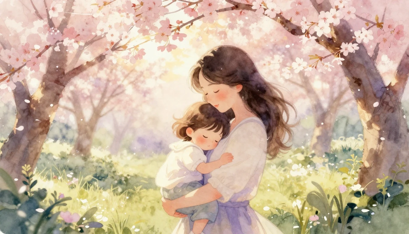 A tender watercolor illustration of a mother gently embracin...