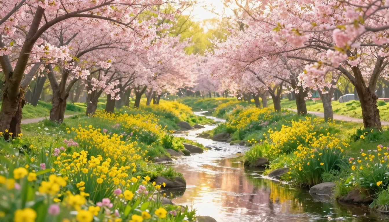 A vibrant and magical spring landscape bursting with bloomin...