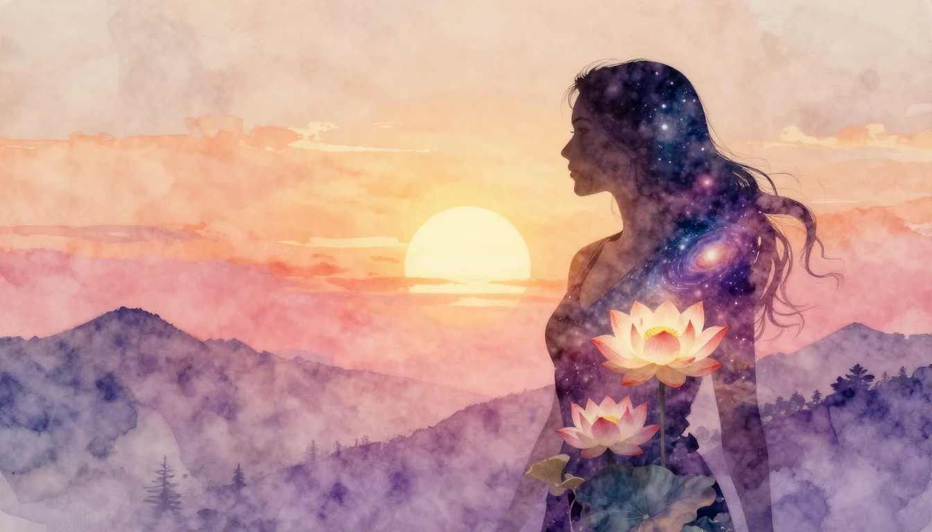 Double exposure artistic watercolor illustration. A silhouet...