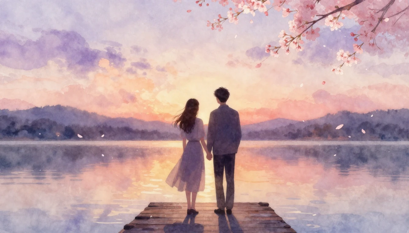 A romantic and ethereal watercolor painting depicting two si...