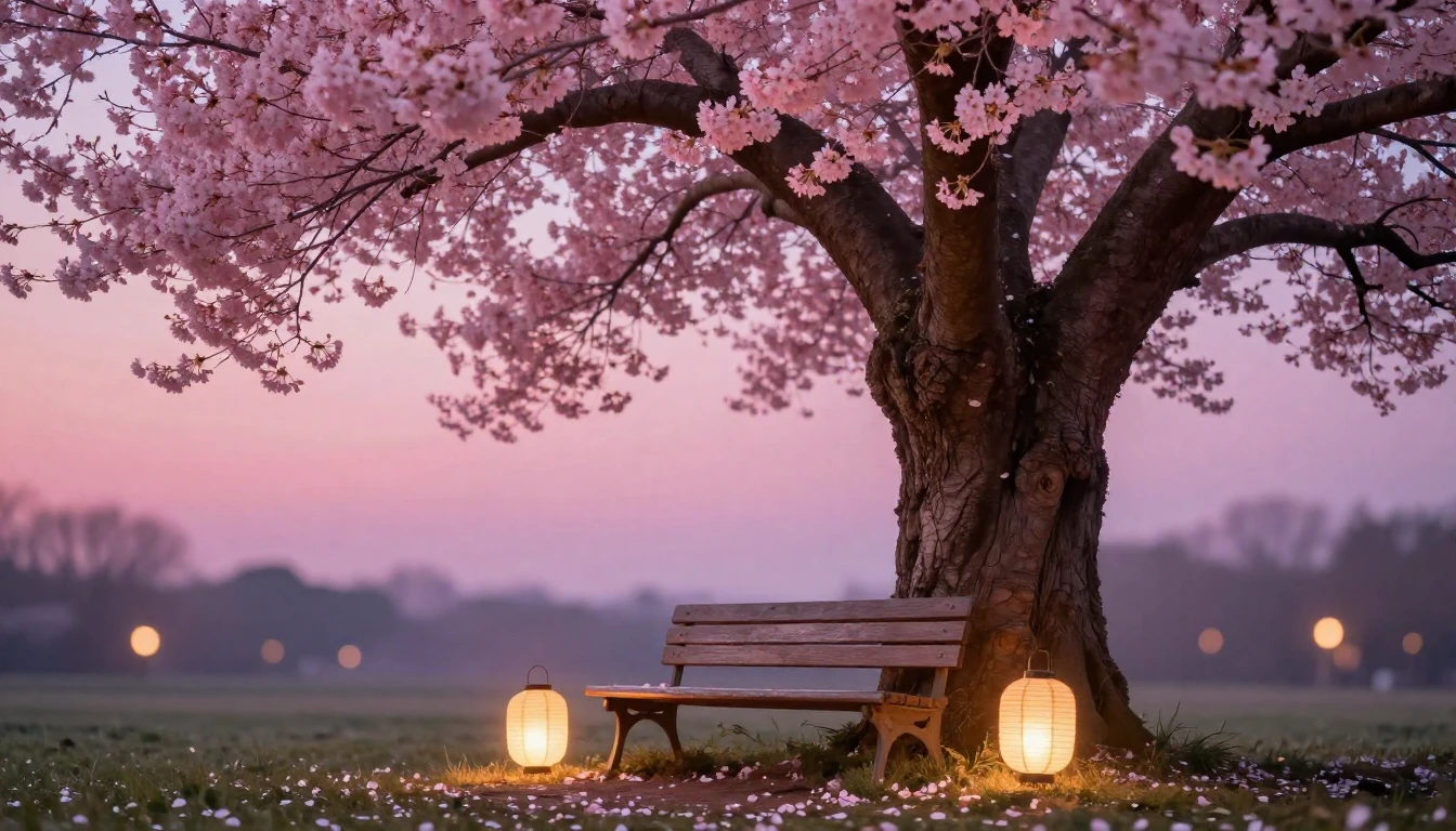 A soft and dreamy composition featuring a large, ancient tre...