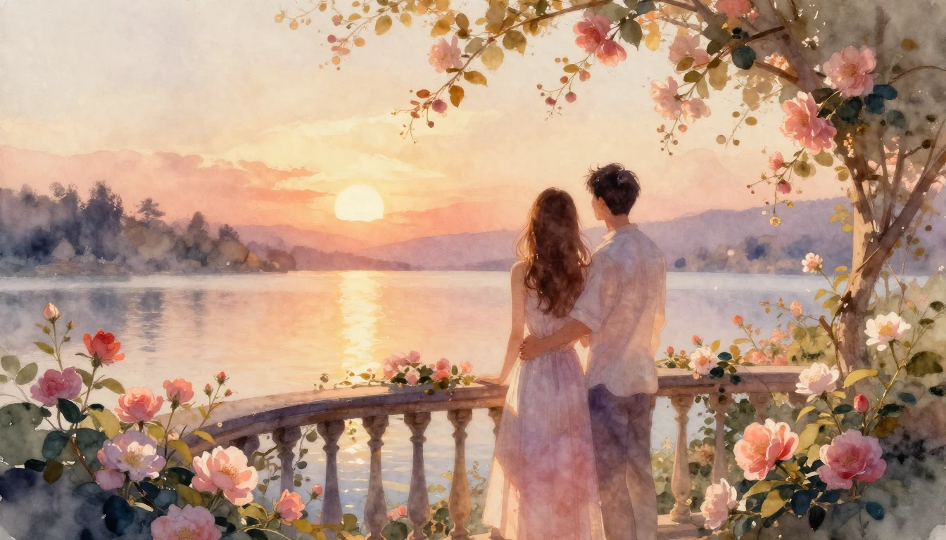 A romantic watercolor painting depicting a couple standing o...