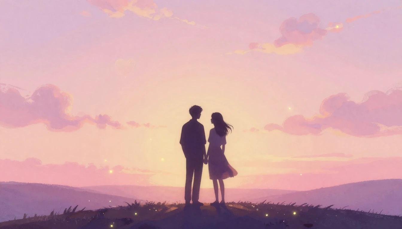 A romantic and ethereal composition depicting two silhouette...