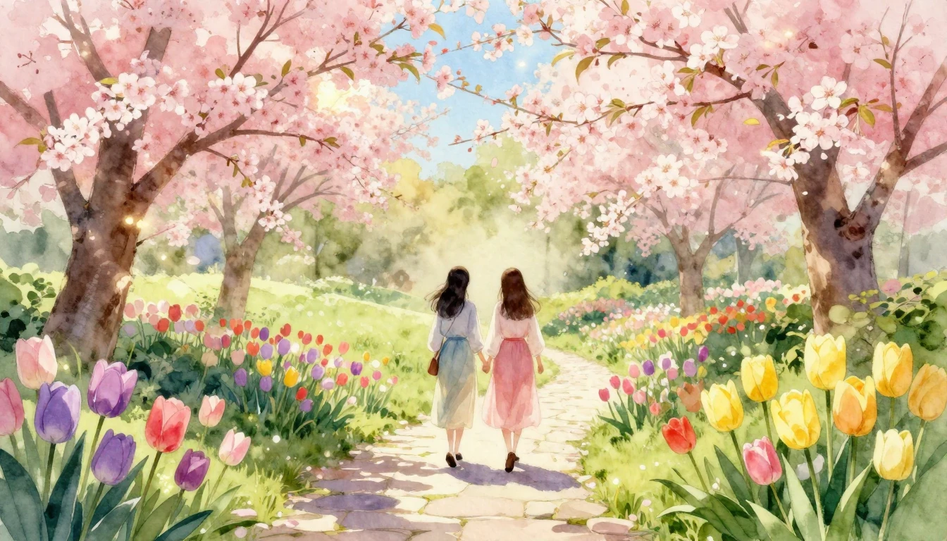 A breathtaking watercolor painting of a lush spring garden i...