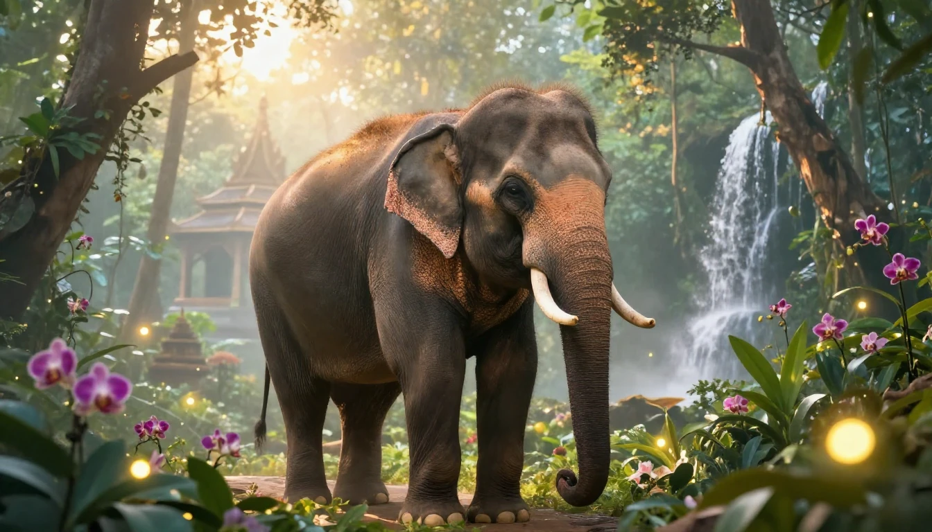 A majestic Thai elephant standing peacefully in a lush, anci...