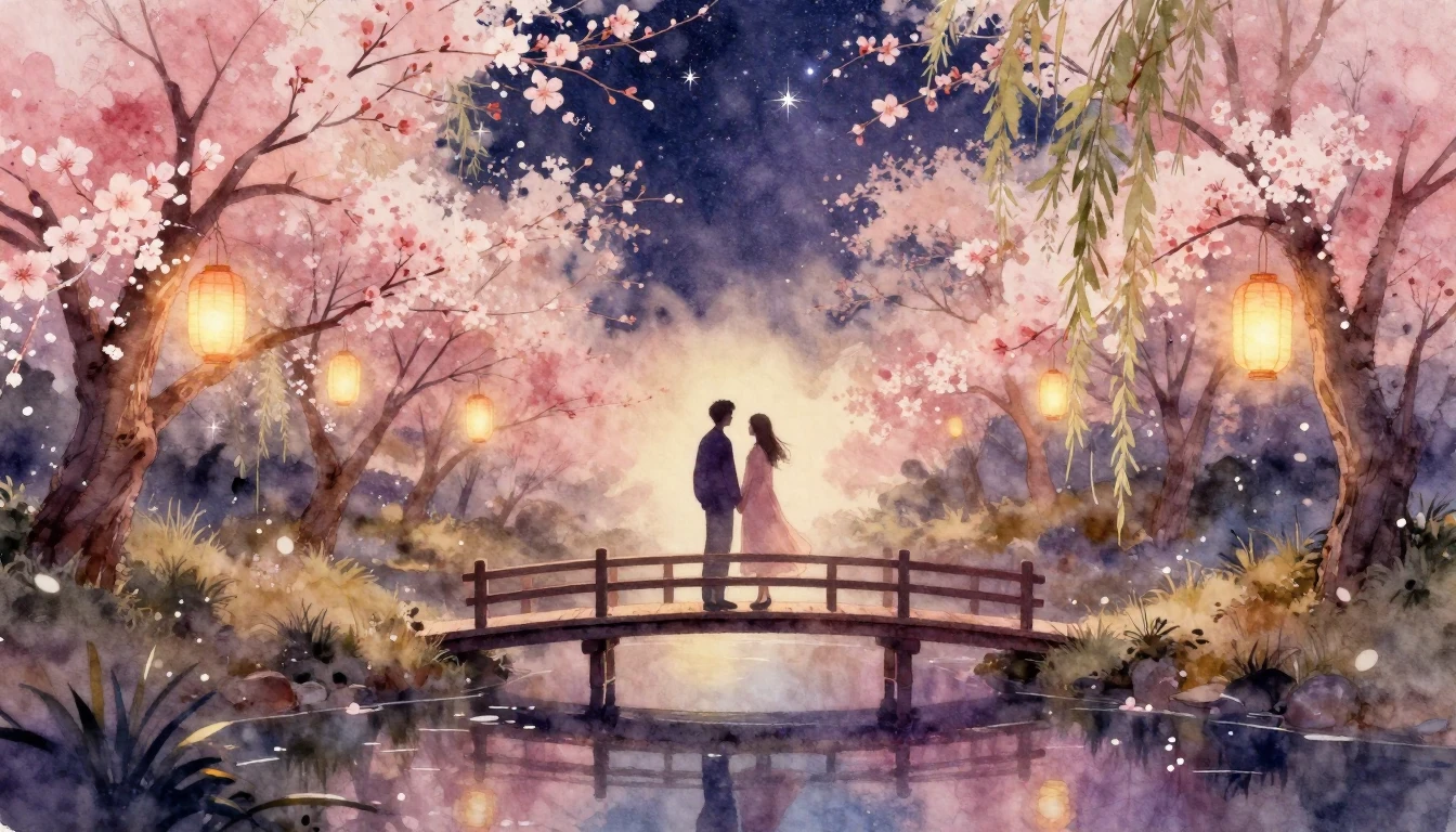 A romantic and dreamlike scene in a soft watercolor style. T...