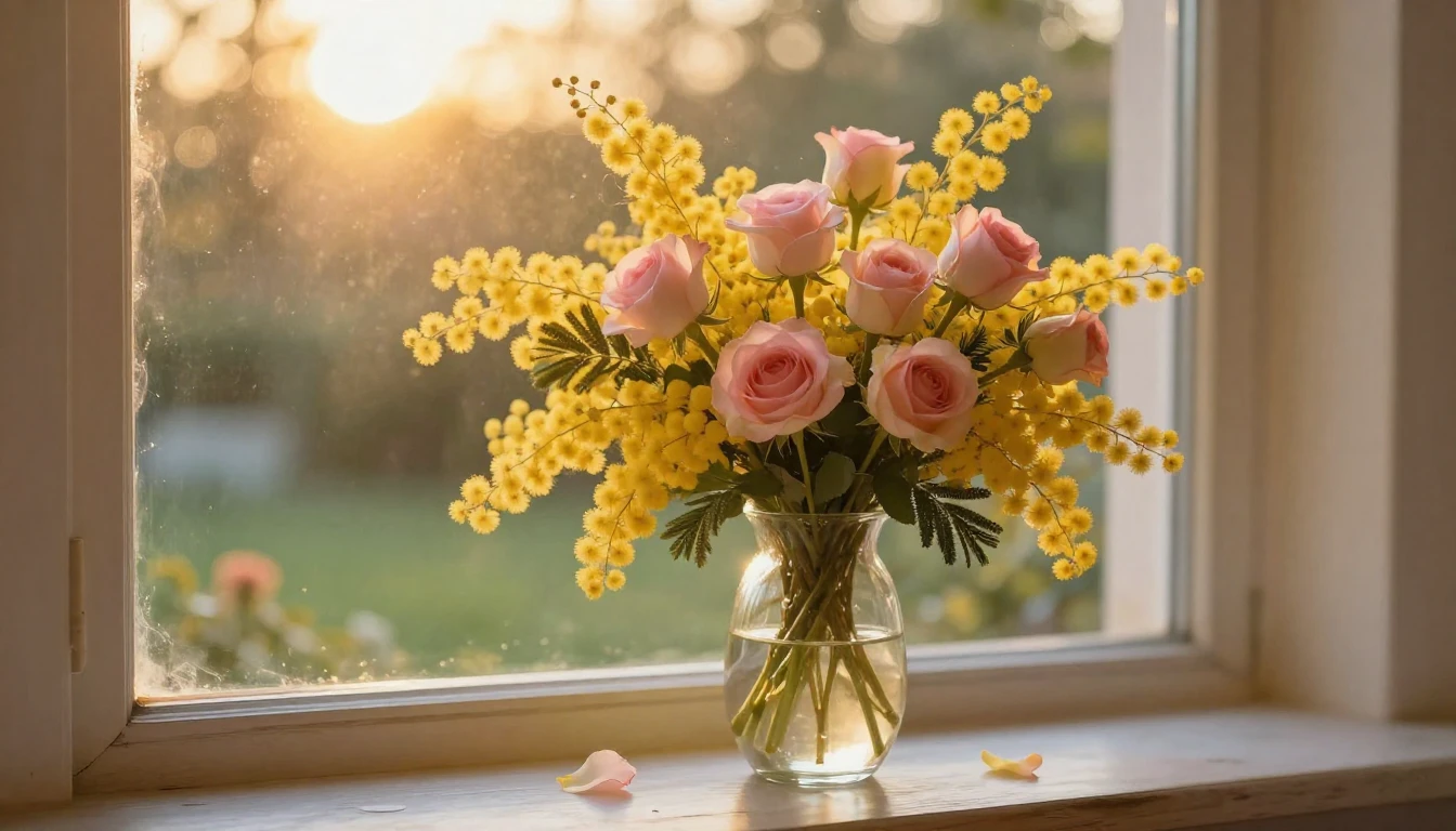 A serene and ethereal scene featuring a lush bouquet of yell...