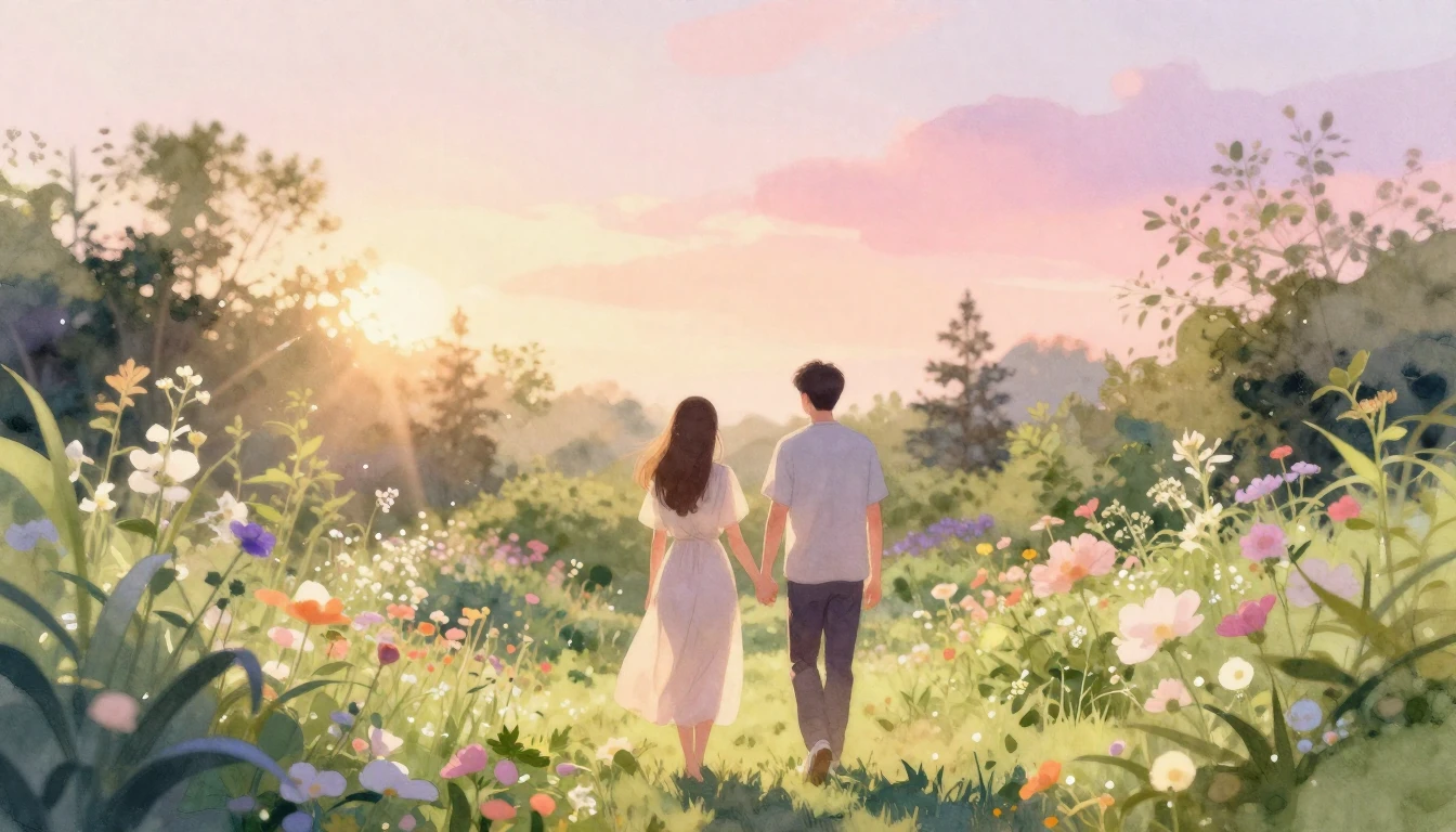 A romantic watercolor painting of a couple walking hand-in-h...