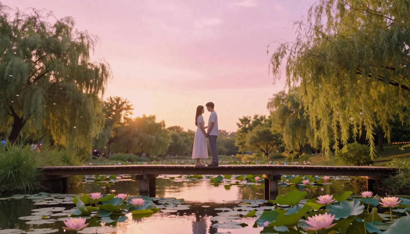 A romantic and dreamy scene of a couple standing on a rustic...