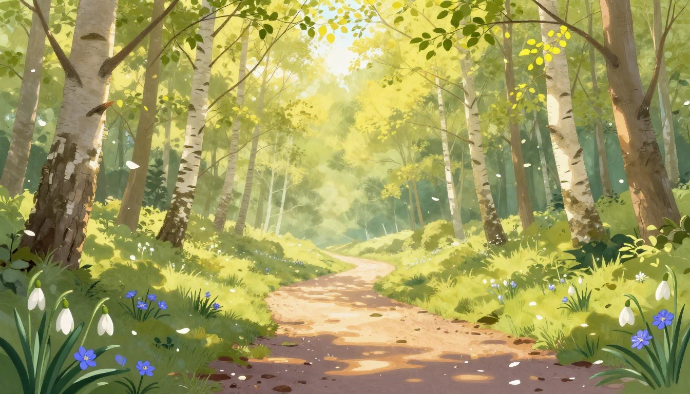 A peaceful and atmospheric spring landscape illustration. A ...