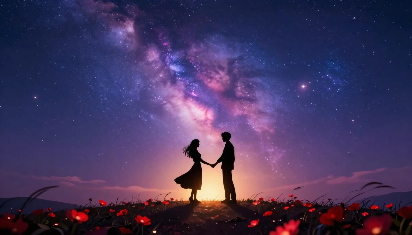 A romantic and dreamy scene featuring two silhouettes standi...
