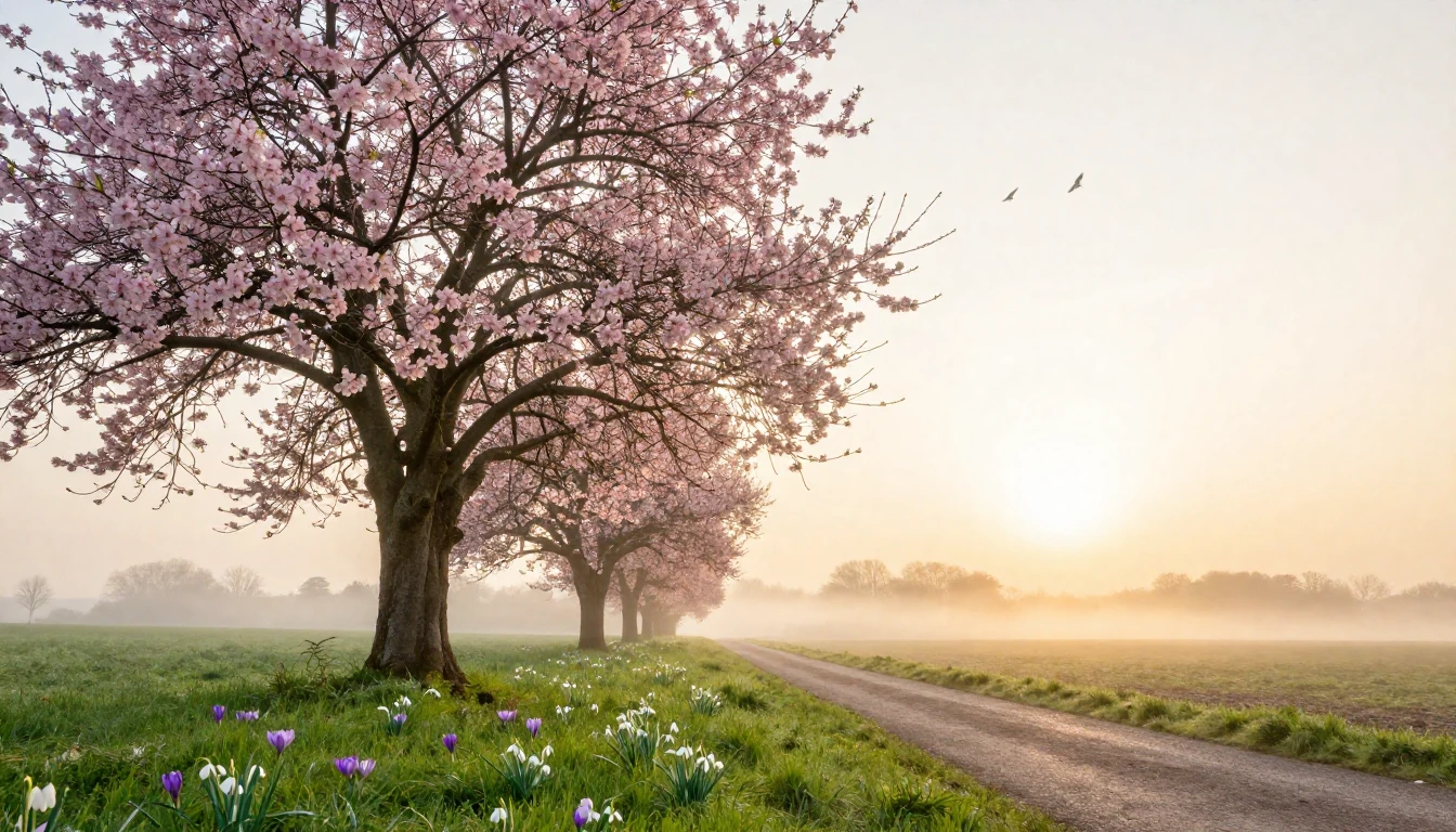 A beautiful spring landscape in early March, soft pastel col...