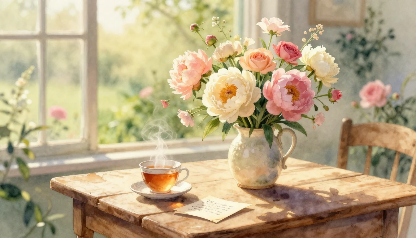 A soft and dreamy watercolor painting featuring a rustic woo...