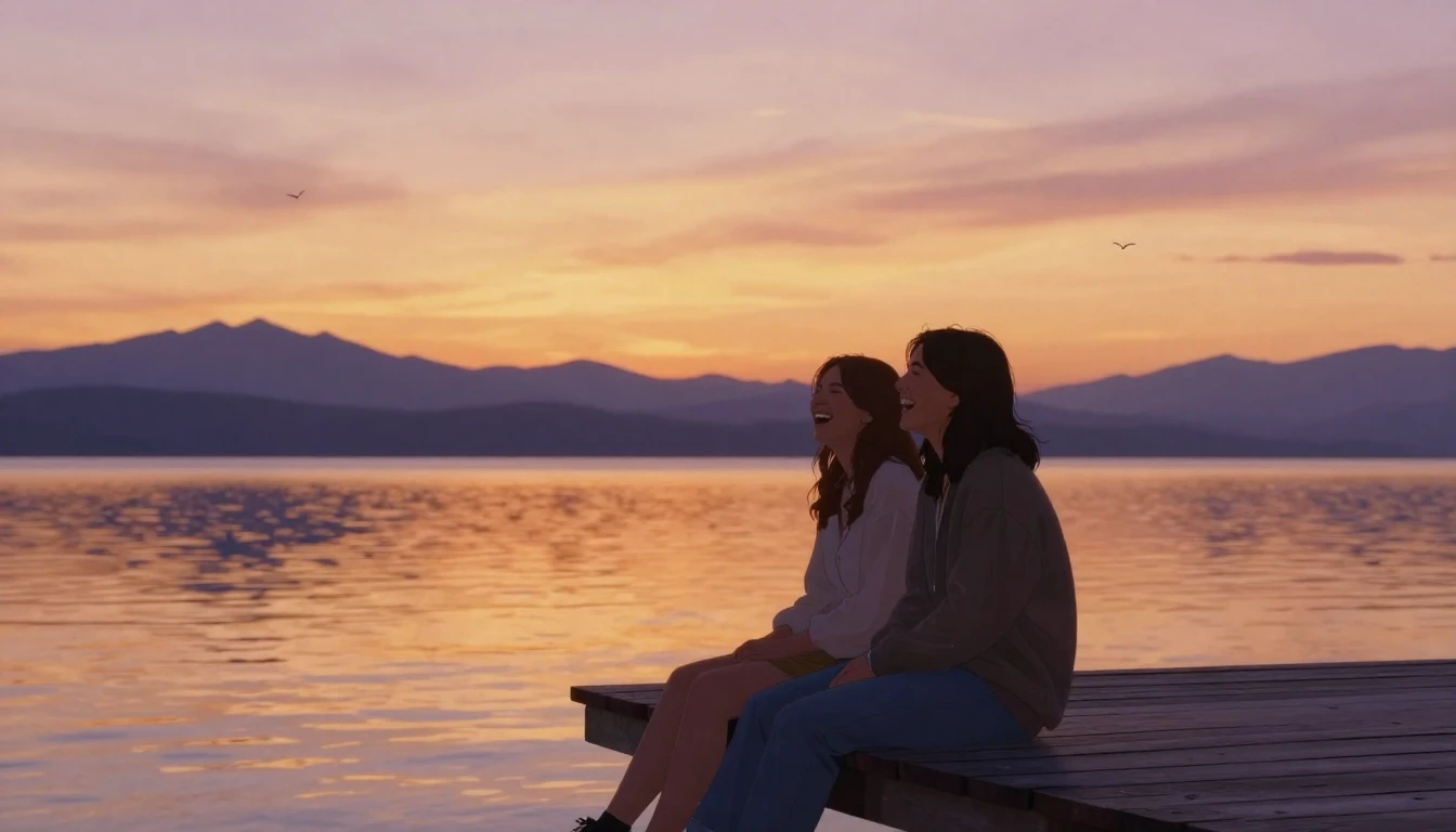 A heartwarming scene of two best friends sitting on a wooden...