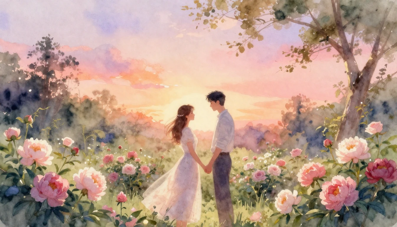A dreamy and romantic watercolor painting of a couple standi...