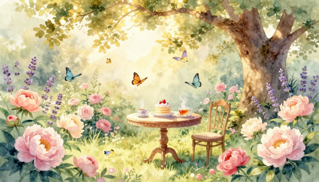 A warm and dreamy watercolor illustration of a sunlit garden...