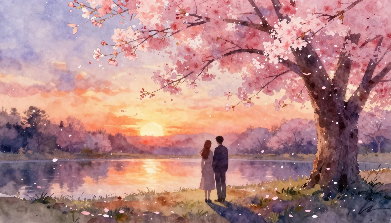 A dreamy and romantic watercolor scene depicting two silhoue...