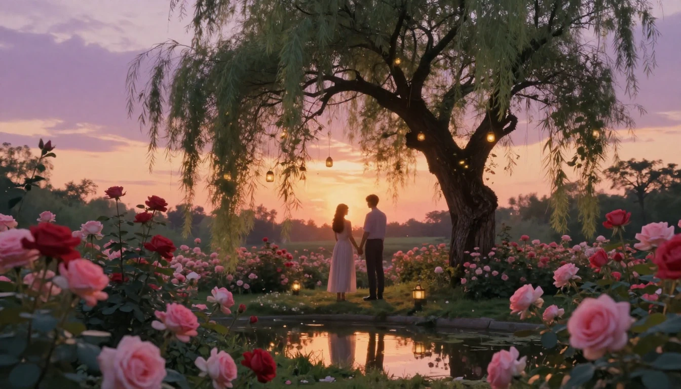 A dreamy and romantic garden filled with blooming pink and r...