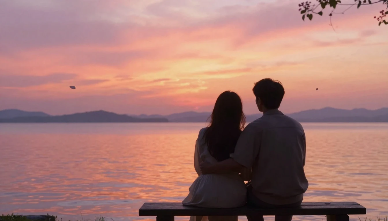 A romantic and intimate scene of two silhouettes sitting clo...
