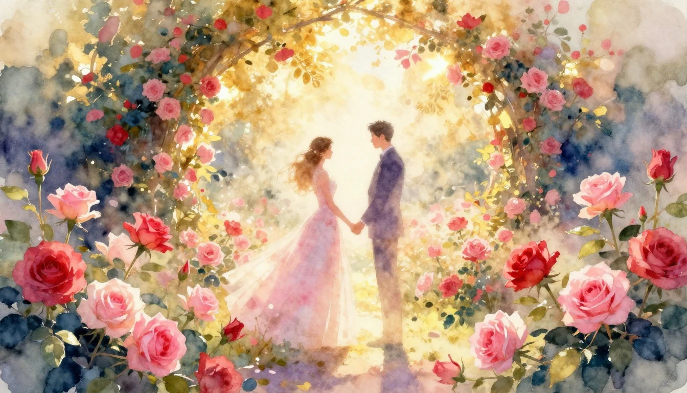 A breathtaking watercolor painting of a romantic garden fill...